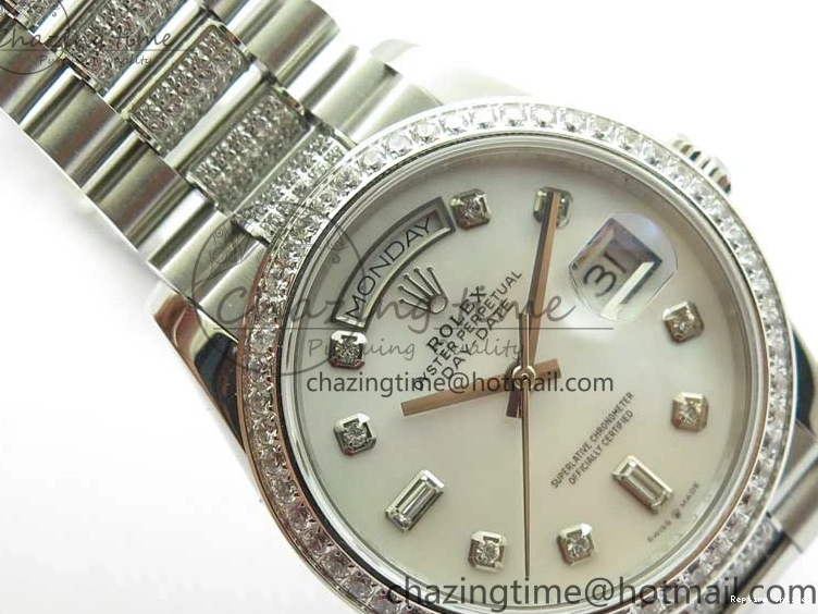 0516 Day-Date 36mm 128239 SS Crystal BP Best Edition White MOP Crystal Marker Dial on SS President Bracelet A MoistureWicking 2682